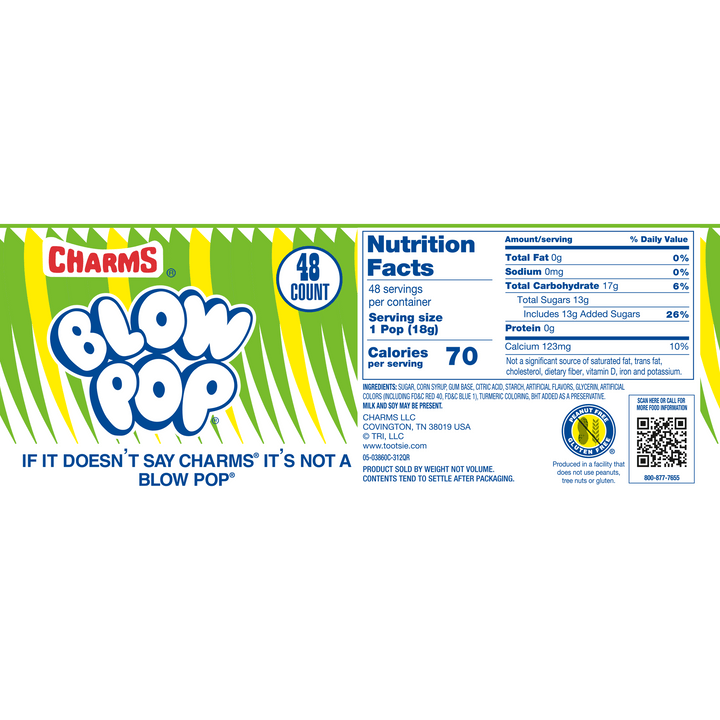 Charms Blow Pop Sour Apple (48 ct. Box) Nutritional Facts Panel