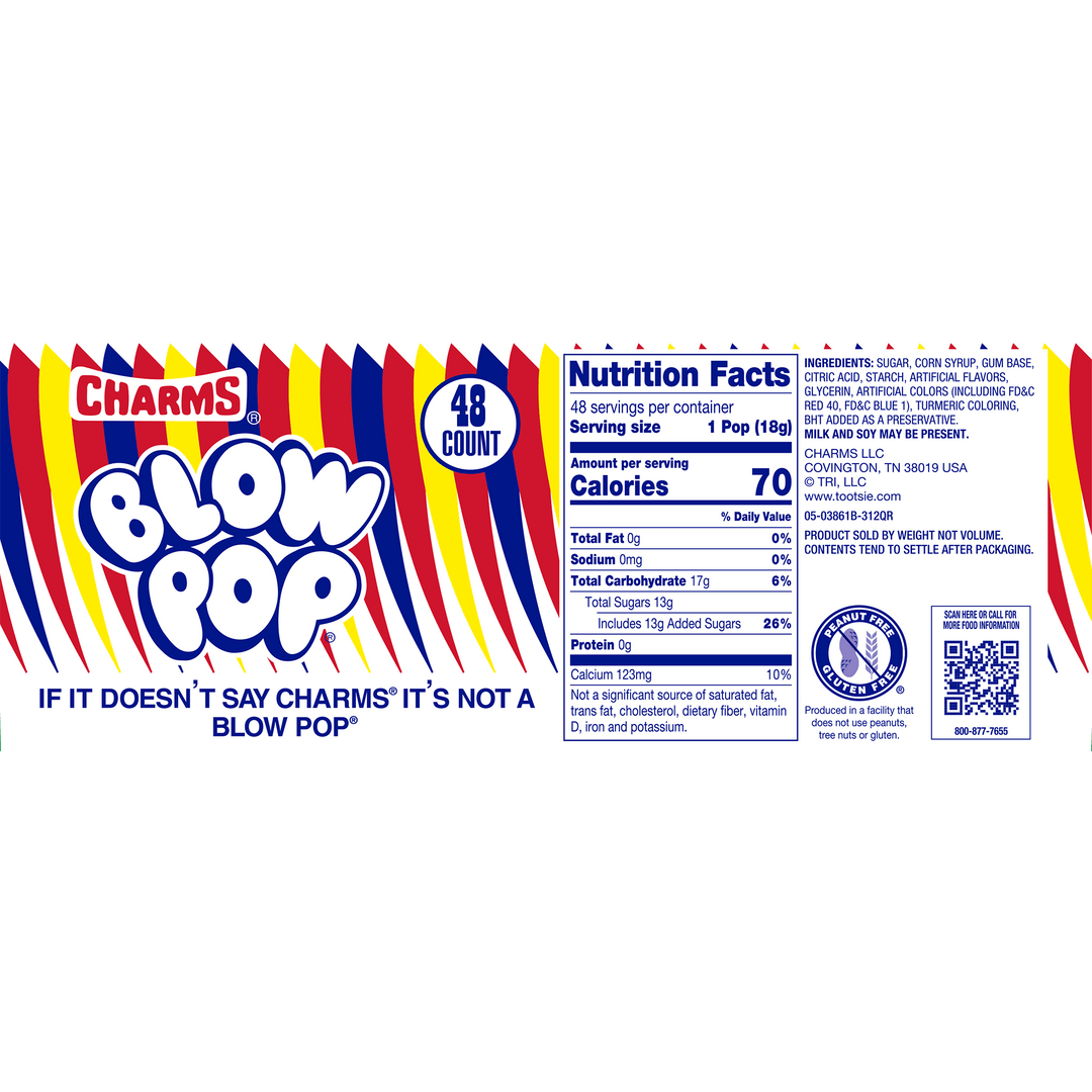 Charms Blow Pop Cherry (48 ct. Box) Nutritional Facts Panel