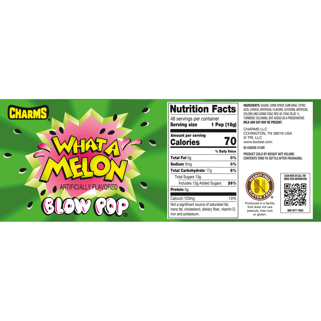 Charms Blow Pop What-A-Melon (48 ct. Box) Nutritional Facts Panel
