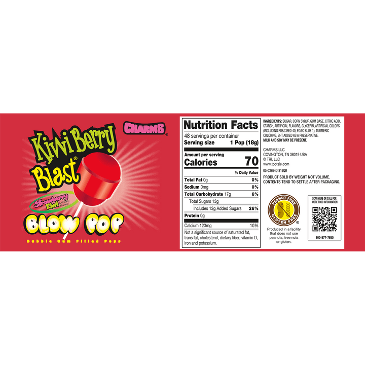 Charms Blow Pop Kiwi Berry Blast (15.2 oz. / 48 ct. Box) Nutrition Facts Panel