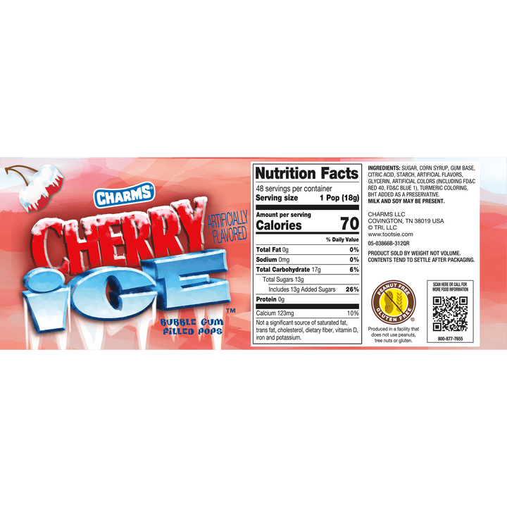 Charms Blow Pop Cherry Ice (15.2 oz. / 48 ct. Box) Nutrition Facts Panel