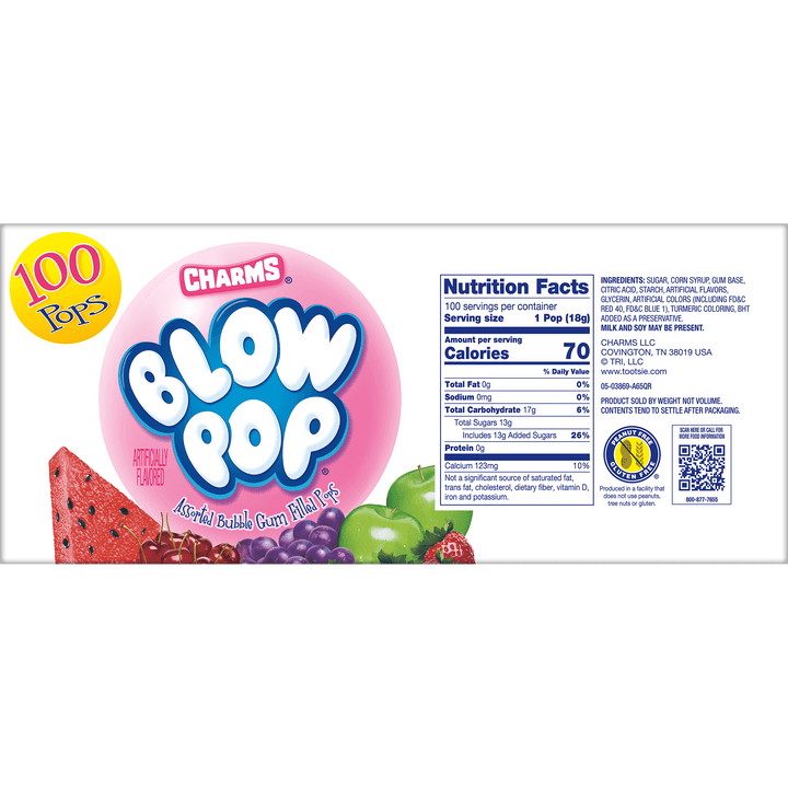 Charms Blow Pop Assorted (4 lb. / 100 ct. Box ) Nutrition Facts Panel