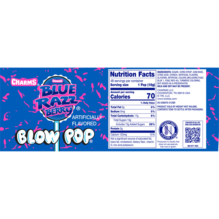 Charms Blow Pop Blue Razz Berry (48 ct. Box) Nutritional Facts Panel