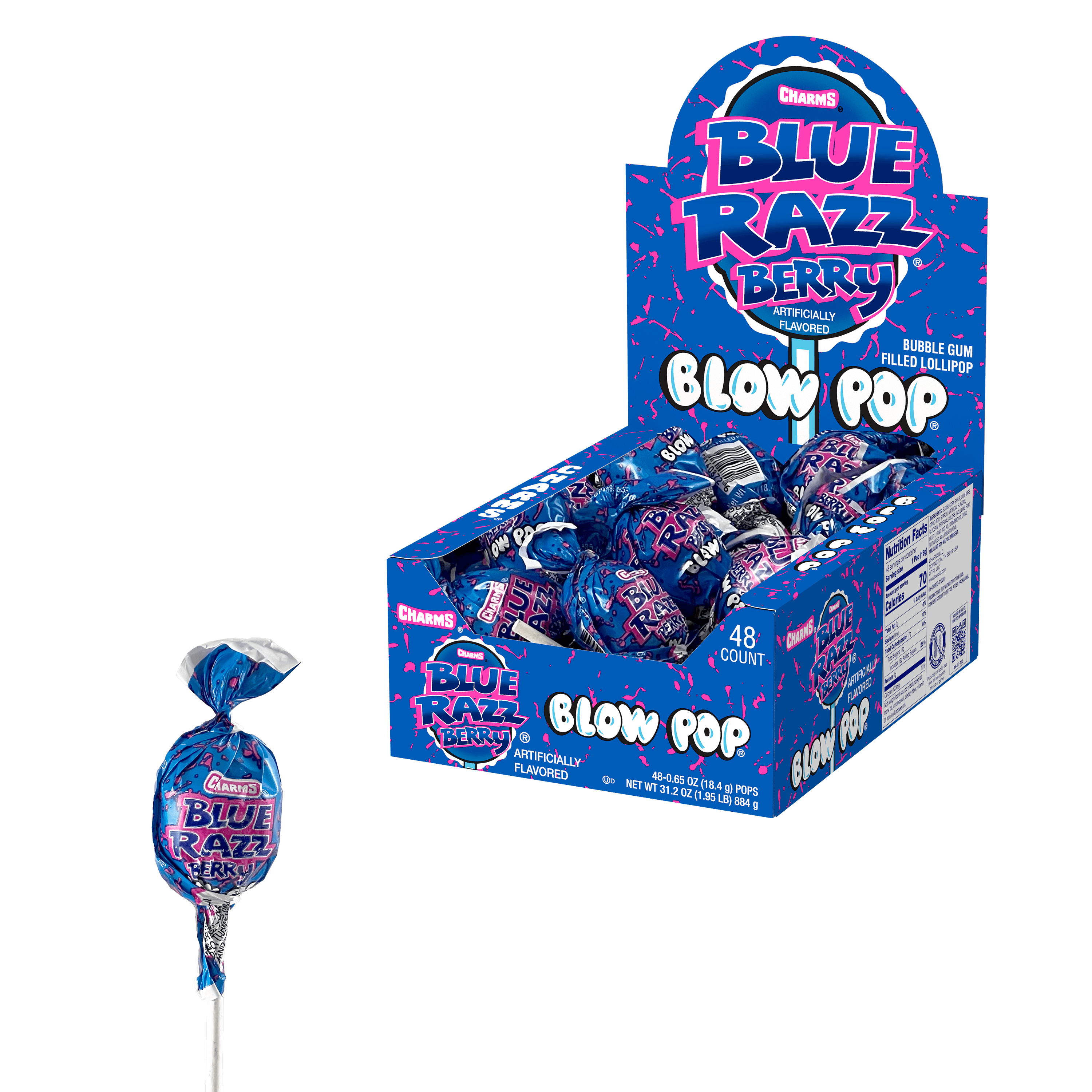 Chrams Sweet Pops Blue Raspberry Charms Blow Pop Blue Razz Berry (48 ct. Box) – Tootsie Roll