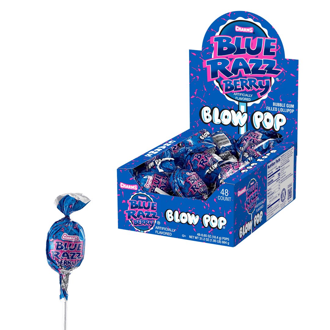 Charms Blow Pop Blue Razz Berry (48 ct. Box) with single lollipop next to a box