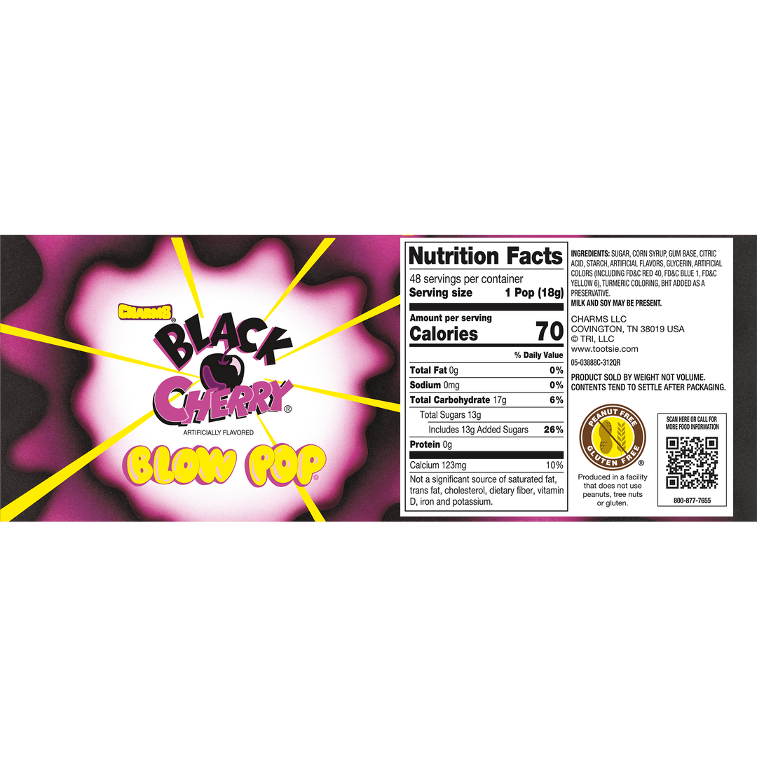 Charms Blow Pop Black Cherry (15.2 oz. / 48 ct. Box) Nutrition Facts Panel