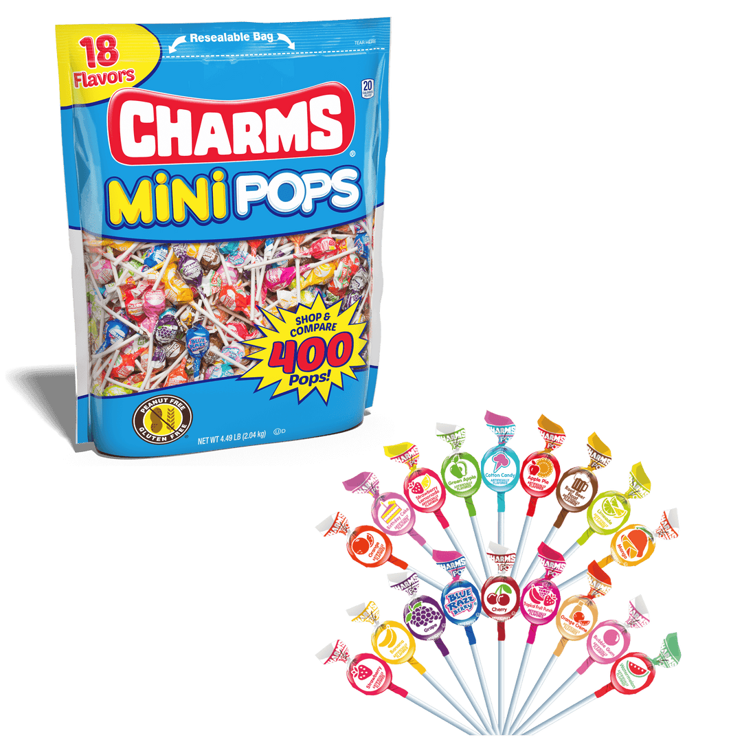 Charms Assorted  Mini Pops (71.84 oz. / 400 ct. Bag) with lollipops next to it