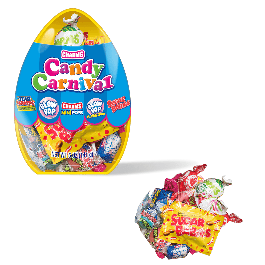 Charms Candy Carnival Easter Filled Jumbo Egg (5 oz. Canister) with candies in front of it