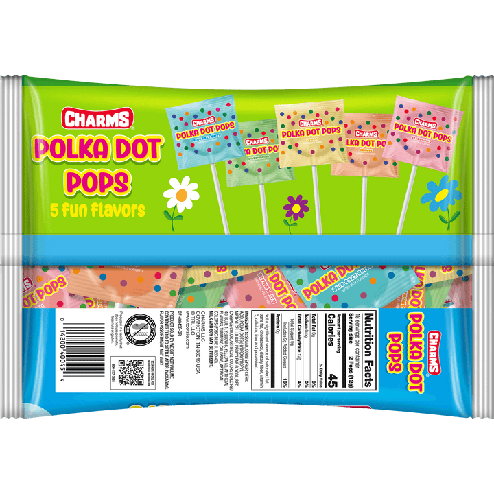Packaging of Charms Polka Dot Pops with colorful design and text with Nutritional Facts Panel.