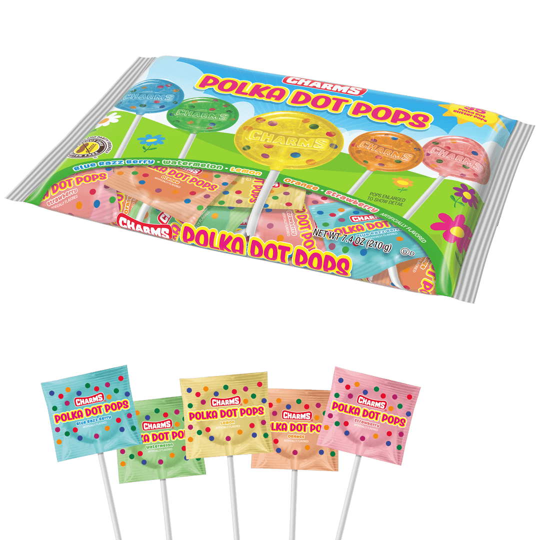 Packaging of Polka Dot Pops with individual pops displayed below on a black background