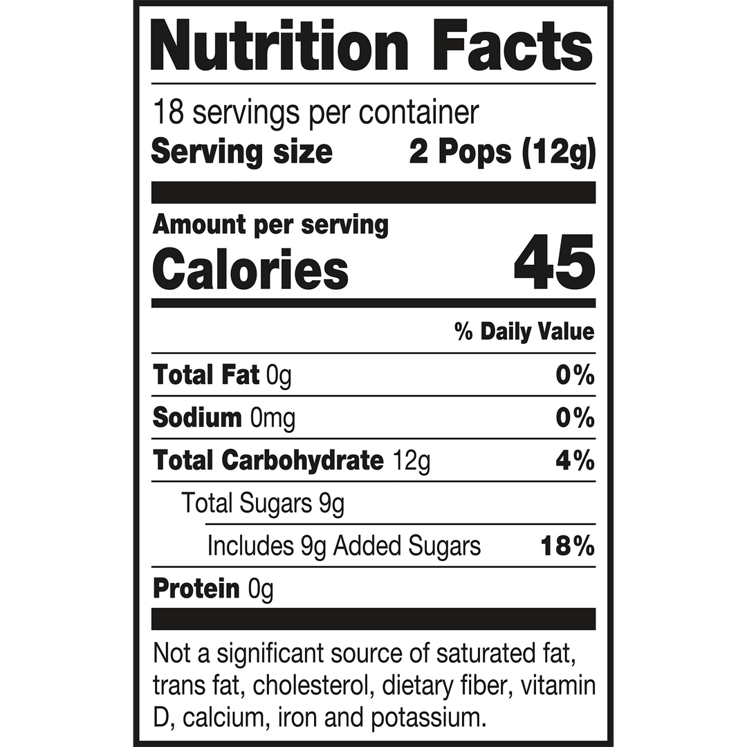 Nutrition facts label for a product with serving size and calorie information.