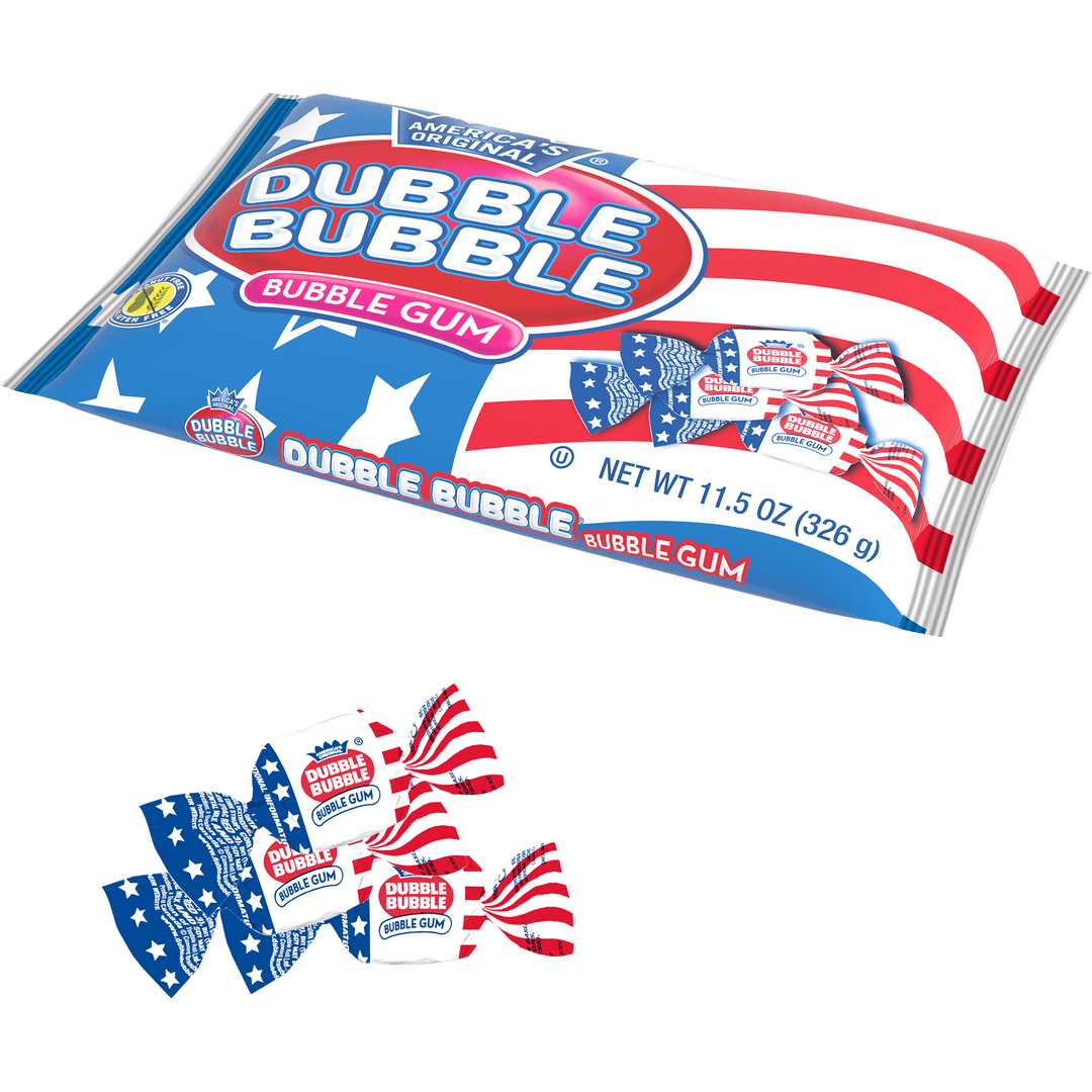 Dubble Bubble USA Flag Twists Bubble Gum (11.5 oz. Bag) with gums next to it