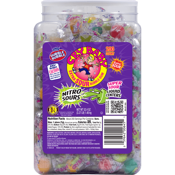 Cry Baby Nitro Assorted Sours Gumballs (52.4 oz. / 200 ct. Jar) with Nutrition Facts Panel