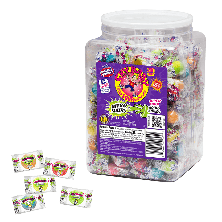 Cry Baby Nitro Assorted Sours Gumballs (52.4 oz. / 200 ct. Jar) with candies next to it