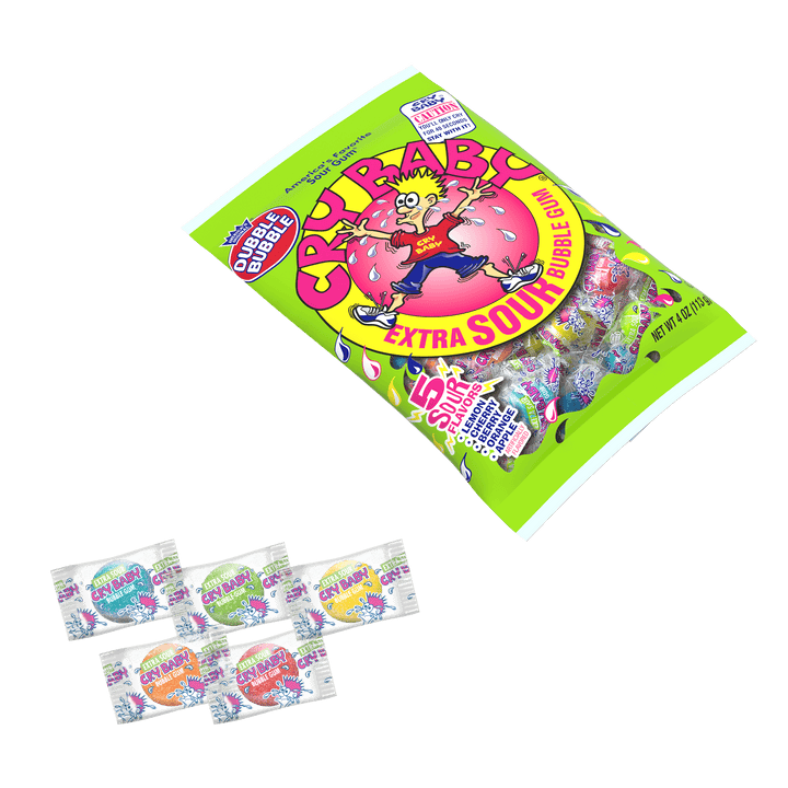 Cry Baby Extra Sour Bubble Gum (4 oz. Bag) with candies next to bag