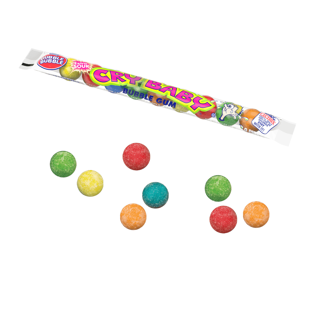 Cry Baby Extra Sour Assorted Bubble Gum (1.6 oz. / 9 ct. Tube) with candies next to it