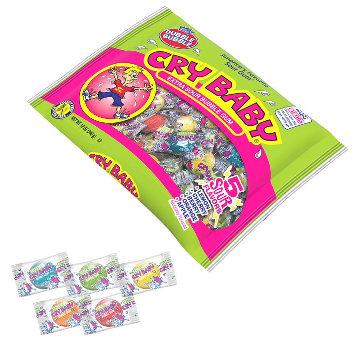 Cry Baby Assorted Extra Sour Bubble Gum (12 oz. Bag) with candies next to it