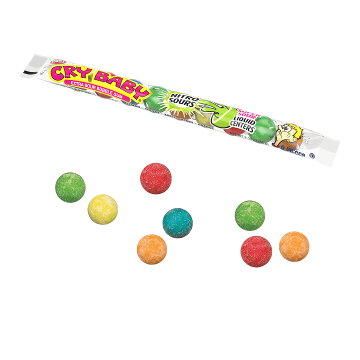 Cry Baby Nitro Assorted Sours (2.32 oz. / 9 ct. Tube) with candies next to it