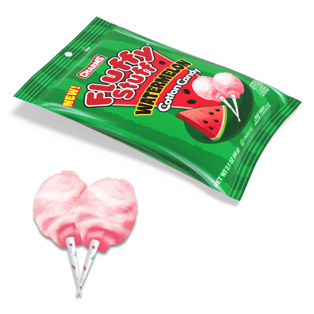 Fluffy Stuff Watermelon 2.1 oz. Bag with cotton candy next to it