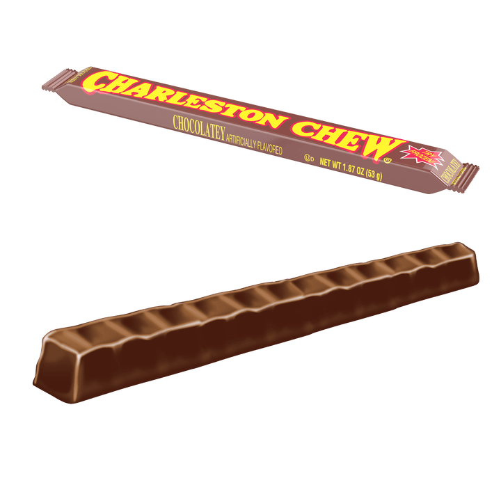 Charleston Chew Chocolaty Bar (1.88 oz. Bar) with up closed candy next to it