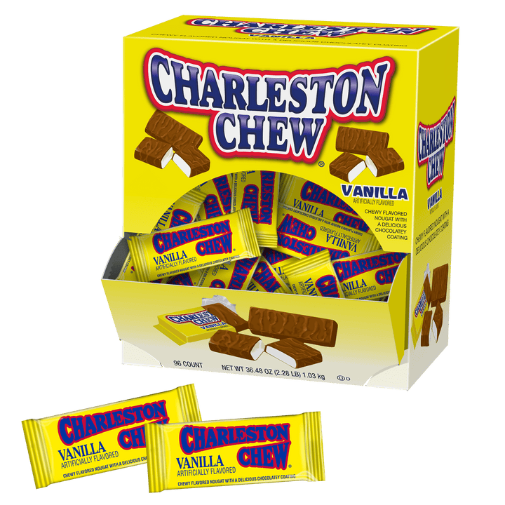 Charleston Chew Vanilla Fun Size (41.92 oz.  / 96 ct. Box) with candies next to it