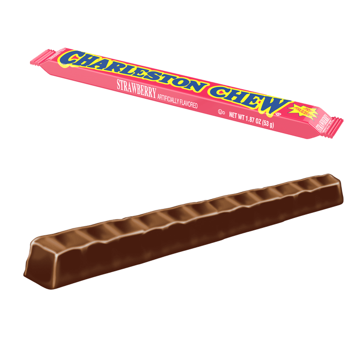 Charleston Chew Strawberry Bar (1.88 oz. Bar) with up closed candy next to it