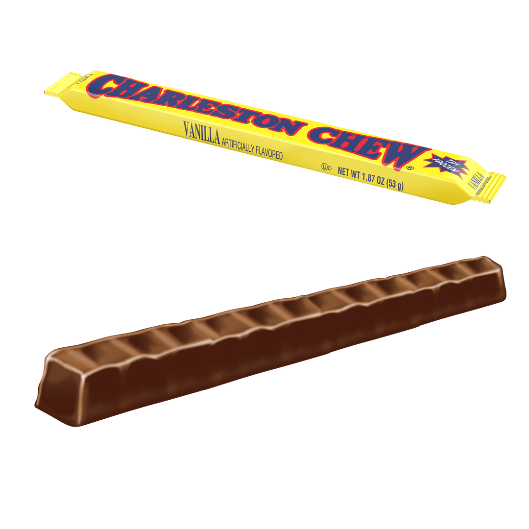 Charleston Chew Vanilla Flavor (1.88 oz. Bar) with up closed candy next to it