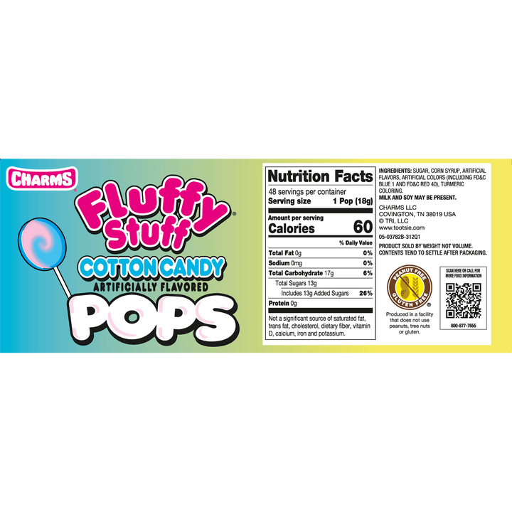 Fluffy Stuff Cotton Candy Pops (48 ct. Box) Nutrition Facts Panel