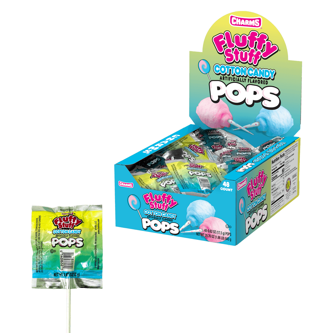 Fluffy Stuff Cotton Candy Pops (48 ct. Box) with lollipop next to it