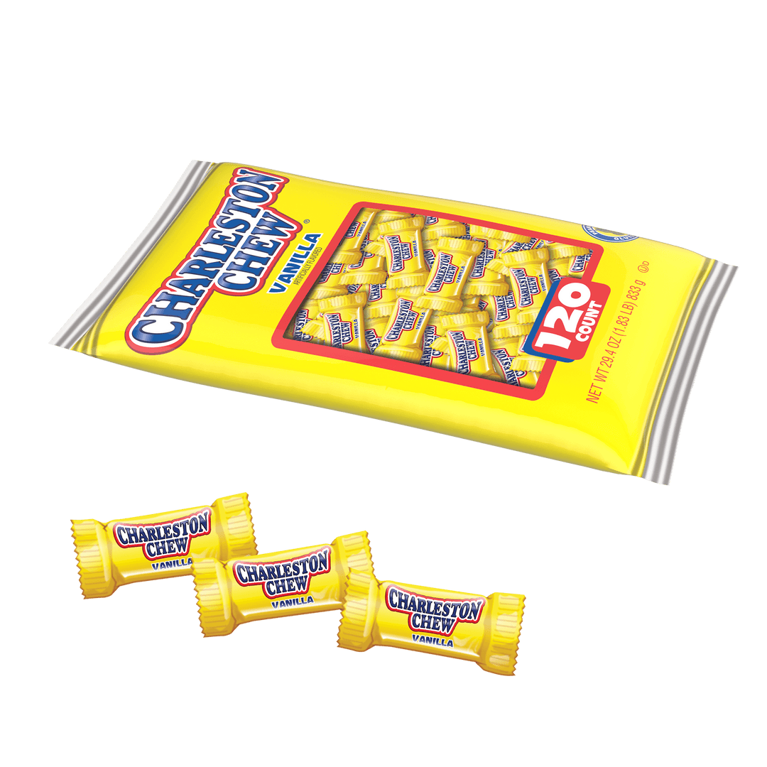 Charleston Chew Vanilla Fun Size (29.4 oz. / 120 ct. Bag) with candies next to it