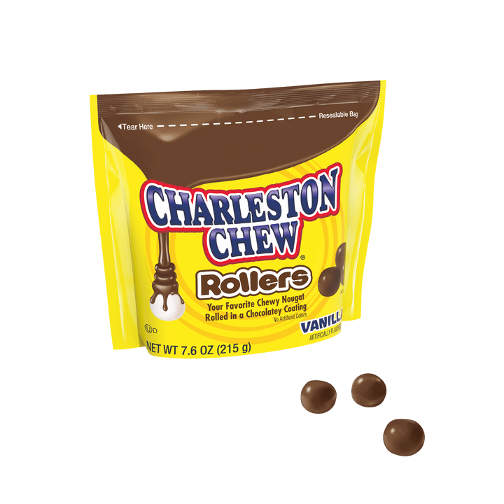 Charleston Chew Vanilla Rollers  (7.6 oz. Bag) with candies next to it