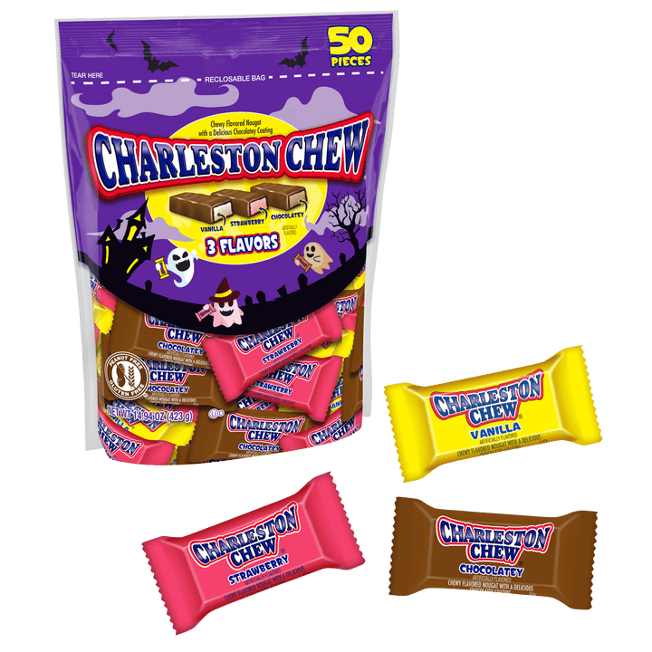 Packaging of Charleston Chew candy with individual bars displayed 
