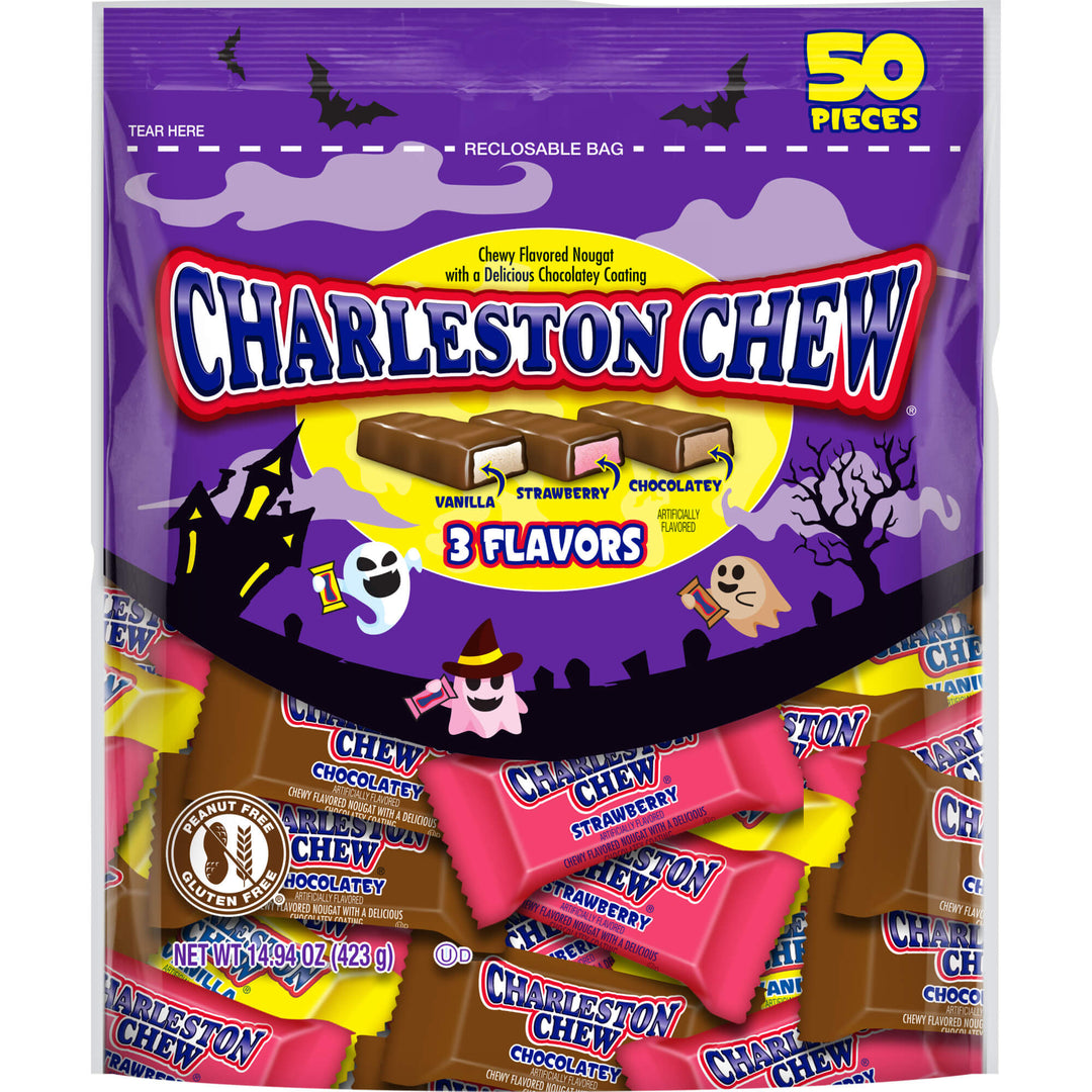 Packaging of Charleston Chew candy with purple background and Halloween-themed graphics.