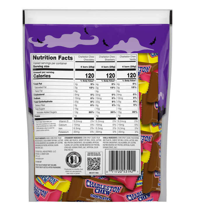 Nutrition facts label and package of Charleston Chew chocolates on a white background