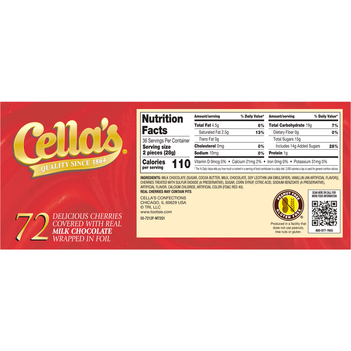 Cella's Milk Chocolate Individually Wrapped (36 oz. / 72 ct. Box) Nutrition Facts Panel