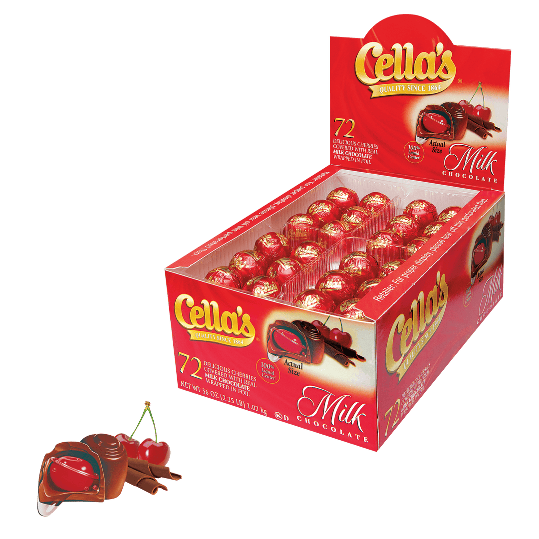 Cella's Milk Chocolate Individually Wrapped (36 oz. / 72 ct. Box) with candies next to it