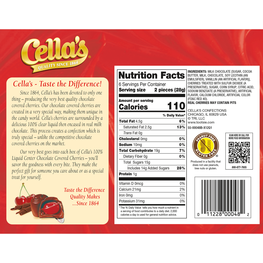 Cella's Milk Chocolate Covered Cherries (6 oz. Box) Nutrition Facts Panel