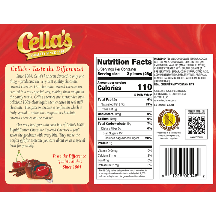 Cella's Milk Chocolate Covered Cherries (6 oz. Box) Nutrition Facts Panel