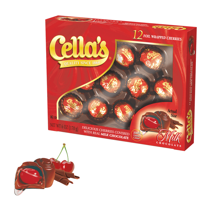 Cella's Milk Chocolate Covered Cherries (6 oz. Box) with chocolate and cherries in front of it