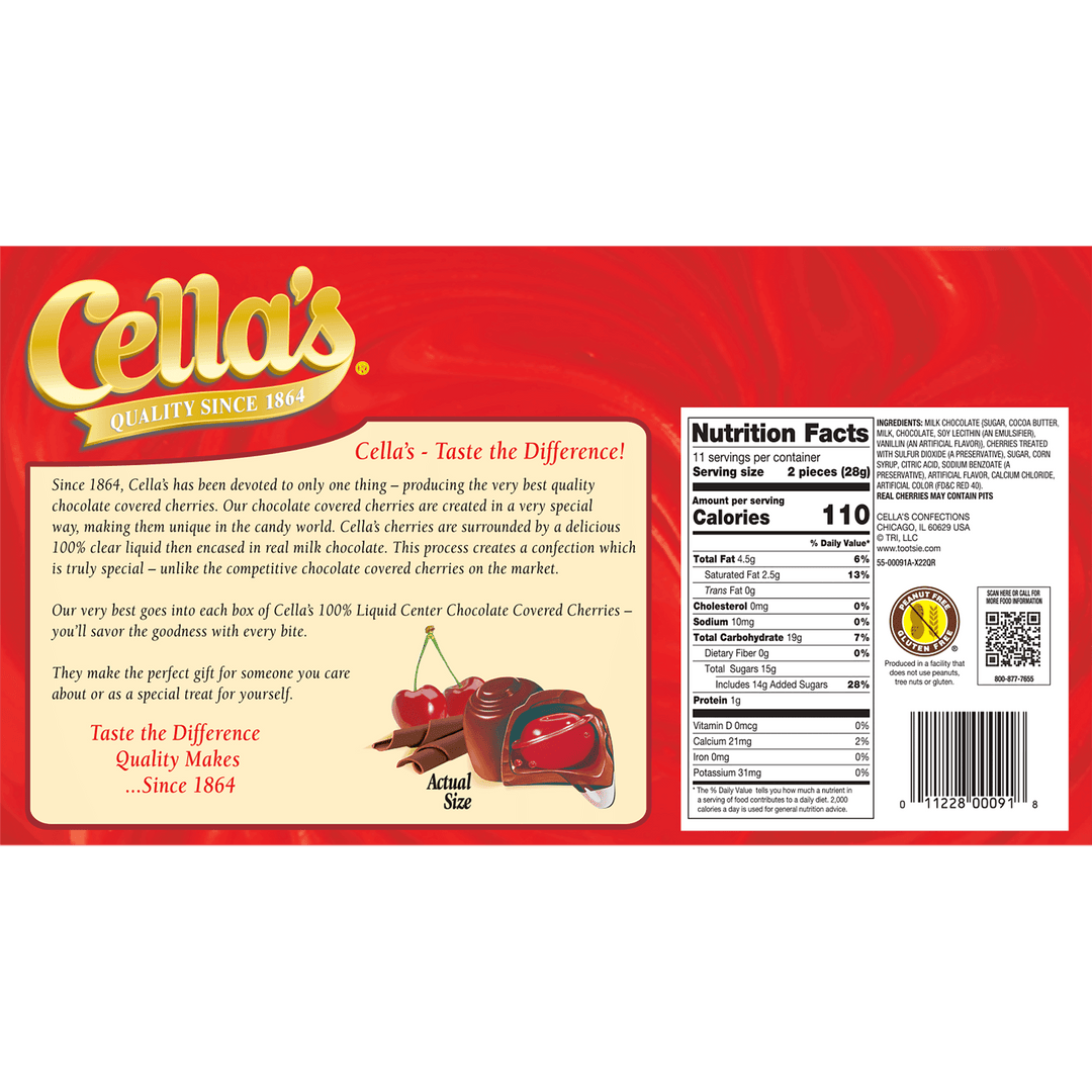 Cella's Milk Chocolate Covered Cherries Box (11 oz. / 22 ct. Box) Nutrition Facts Panel