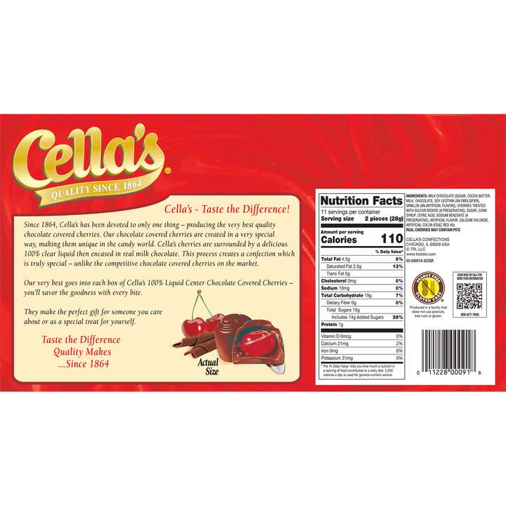 Cella's Milk Chocolate Covered Cherries Box (11 oz. / 22 ct. Box) Nutrition Facts Panel