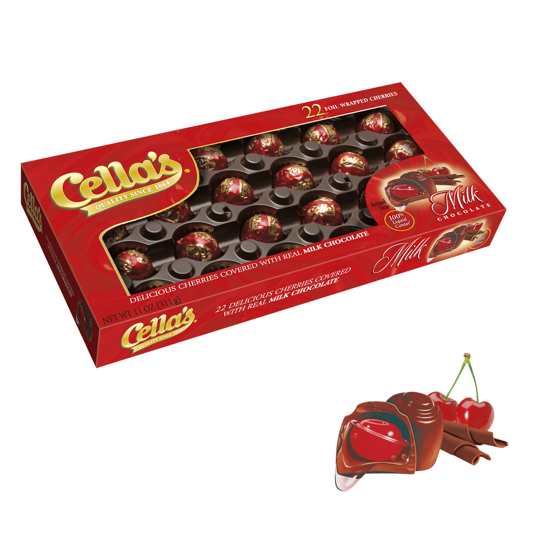 Cella's Milk Chocolate Covered Cherries Box (11 oz. / 22 ct. Box) with chocolate and cherries in front of it