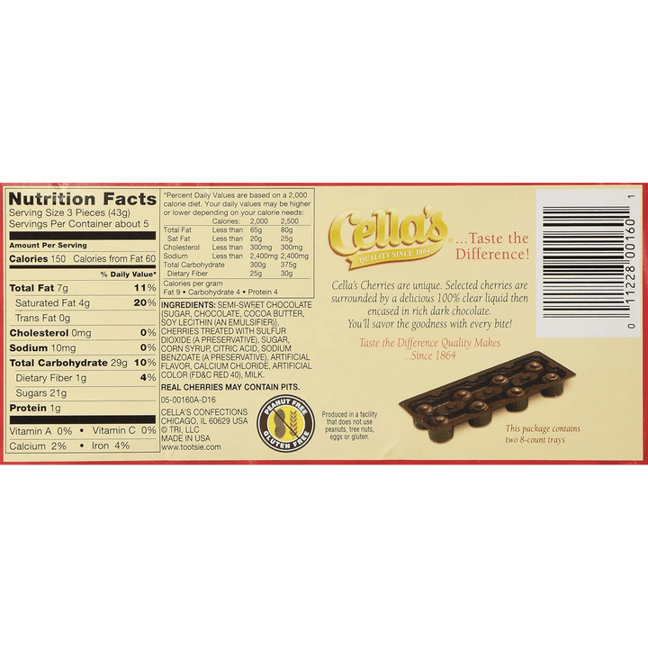 Cella's Dark Chocolate Covered Cherries (6 oz. / 12 ct. Box) Nutrition Facts Panel