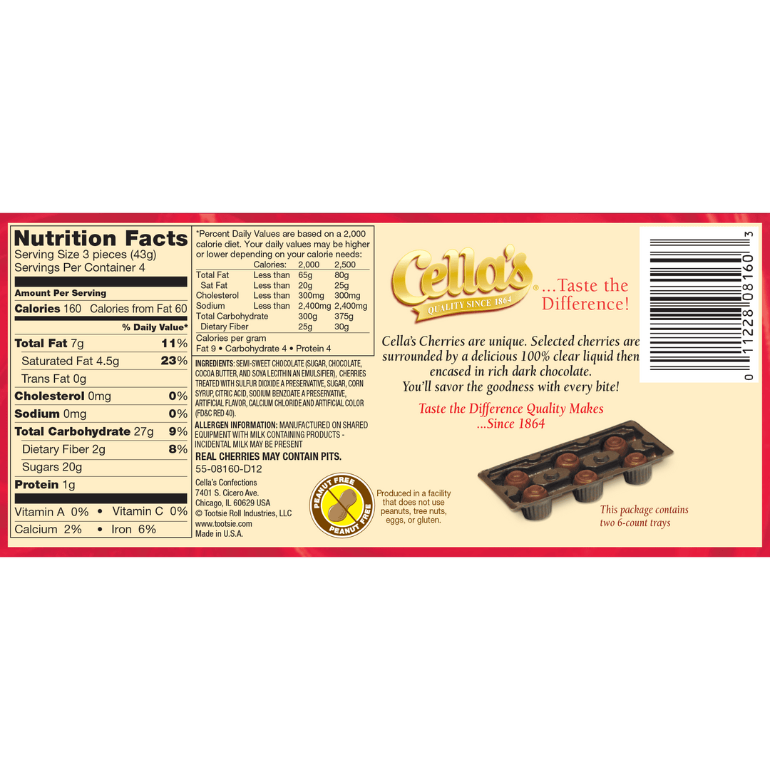 Cella's Dark Chocolate Covered Cherries (6 oz. / 12 ct. Box) Nutrition Facts Panel