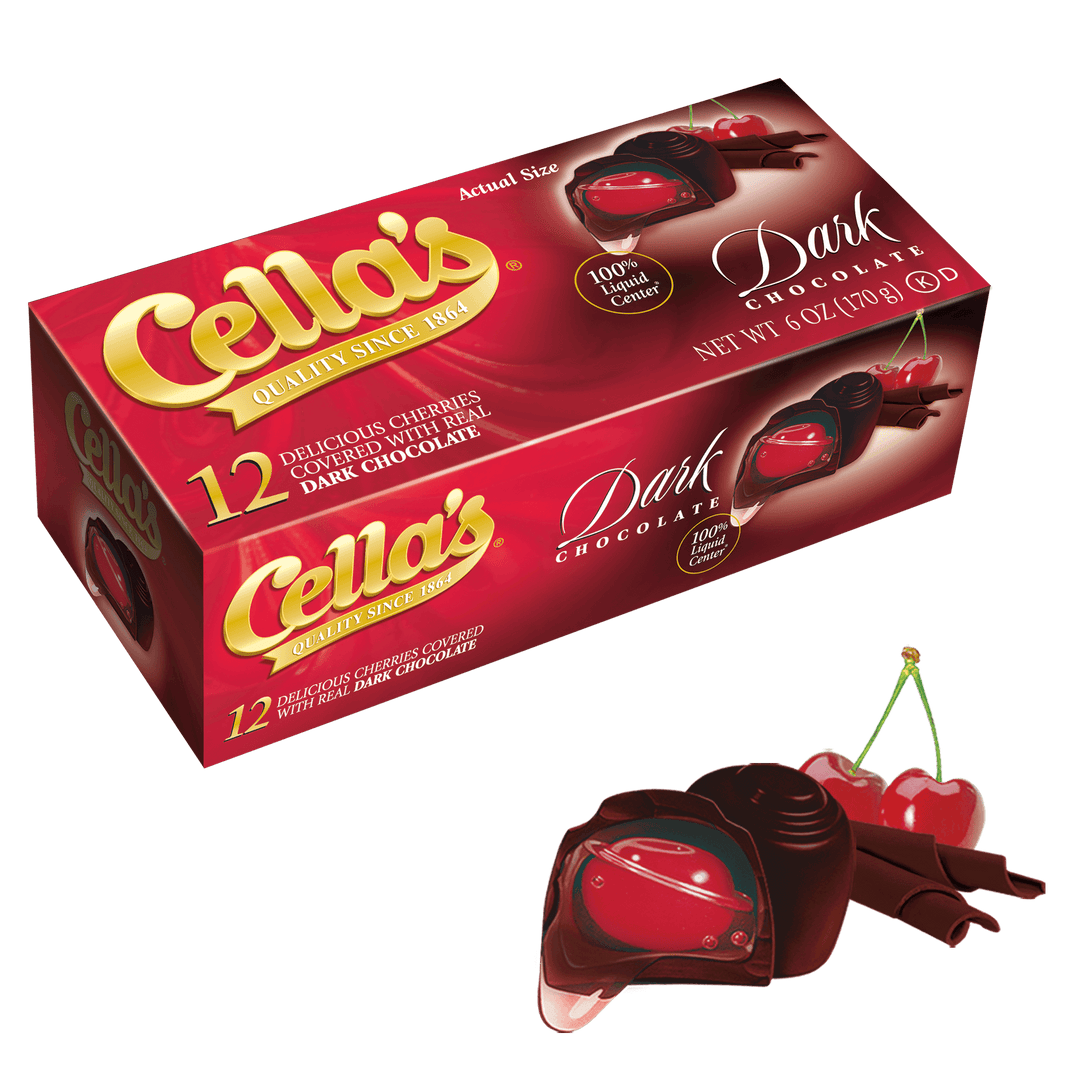 Cella's Dark Chocolate Covered Cherries (6 oz. / 12 ct. Box) with chocolate and cherries next to it