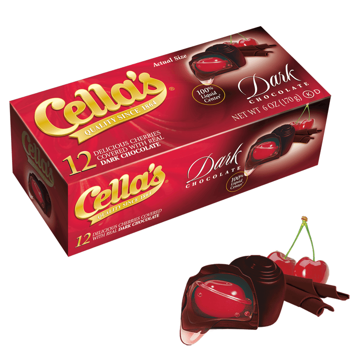 Cella's Dark Chocolate Covered Cherries (6 oz. / 12 ct. Box) with chocolate and cherries next to it