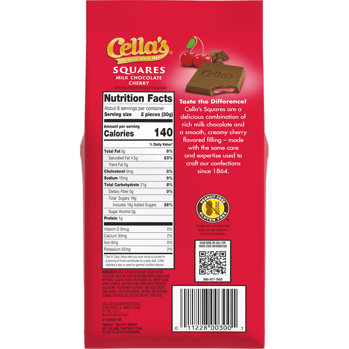 Cella's Squares Milk Chocolate Cherry (7.9 oz Bag) Nutrition Facts Panel