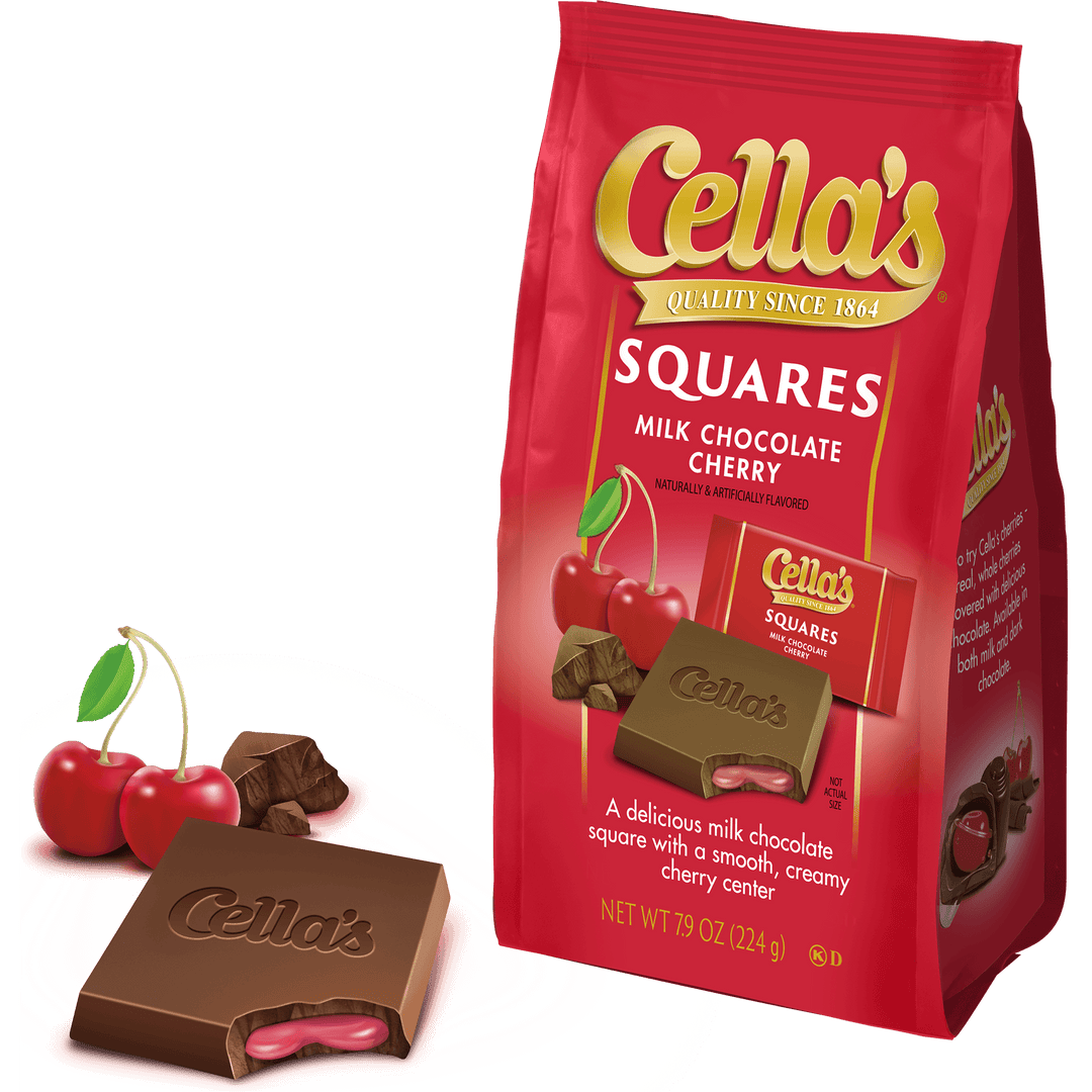 Cella's Squares Milk Chocolate Cherry (7.9 oz Bag) with chocolate and cherries next to it