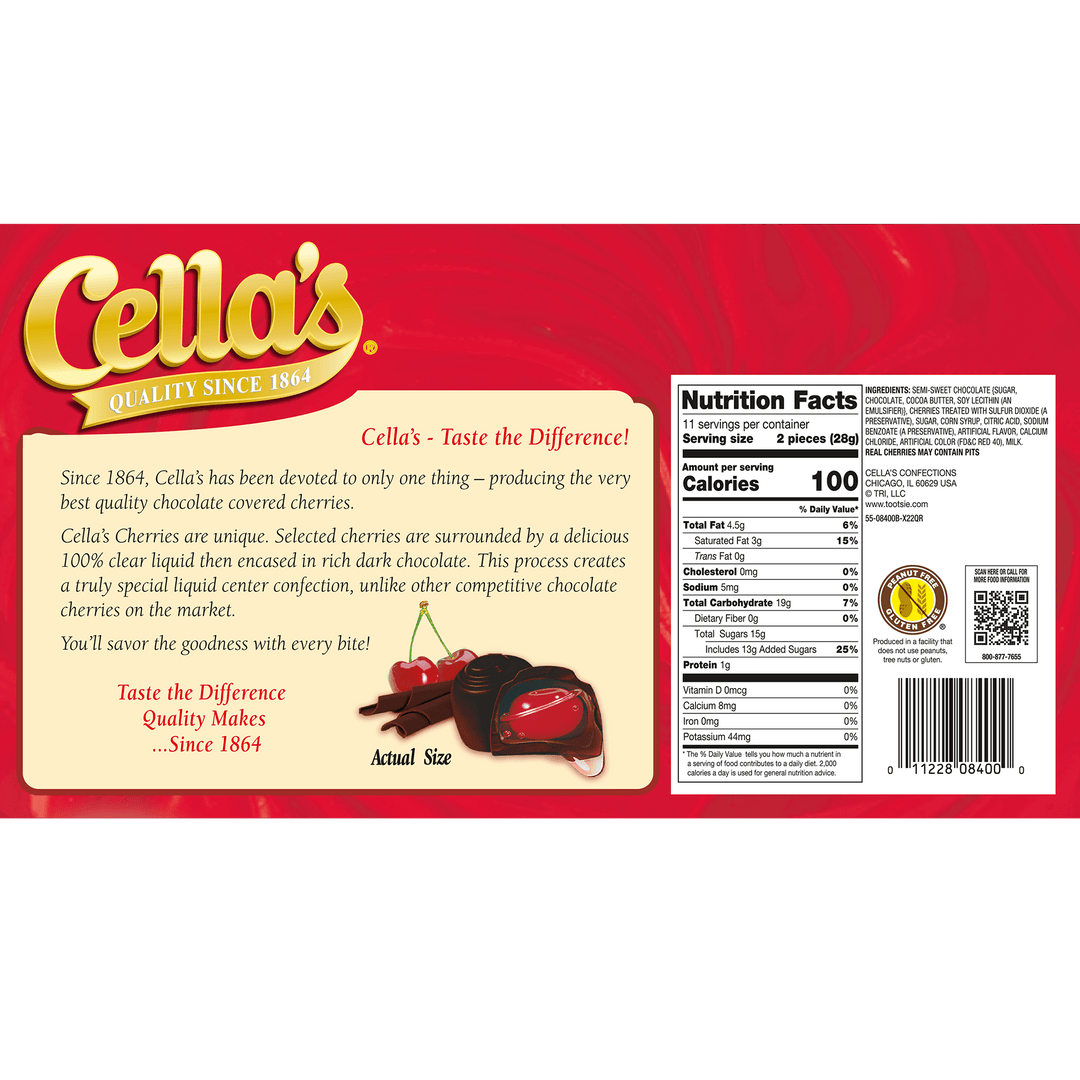 Cella's Dark Chocolate Covered Cherries Box (11 oz. / 22 ct. Box) Nutrition Facts Panel