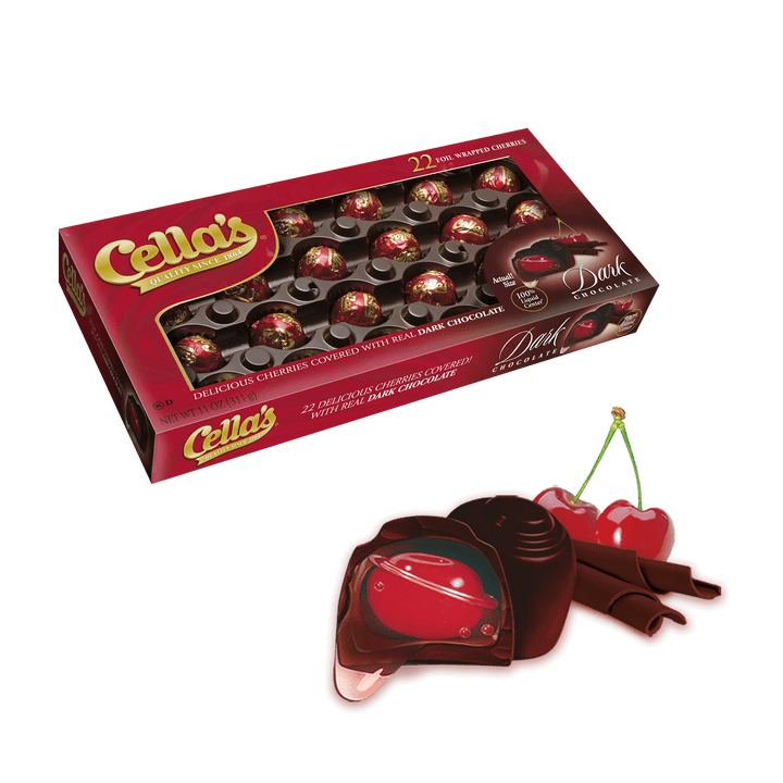 Cella's Dark Chocolate Covered Cherries Box (11 oz. / 22 ct. Box) with  chocolate and cherries next to it